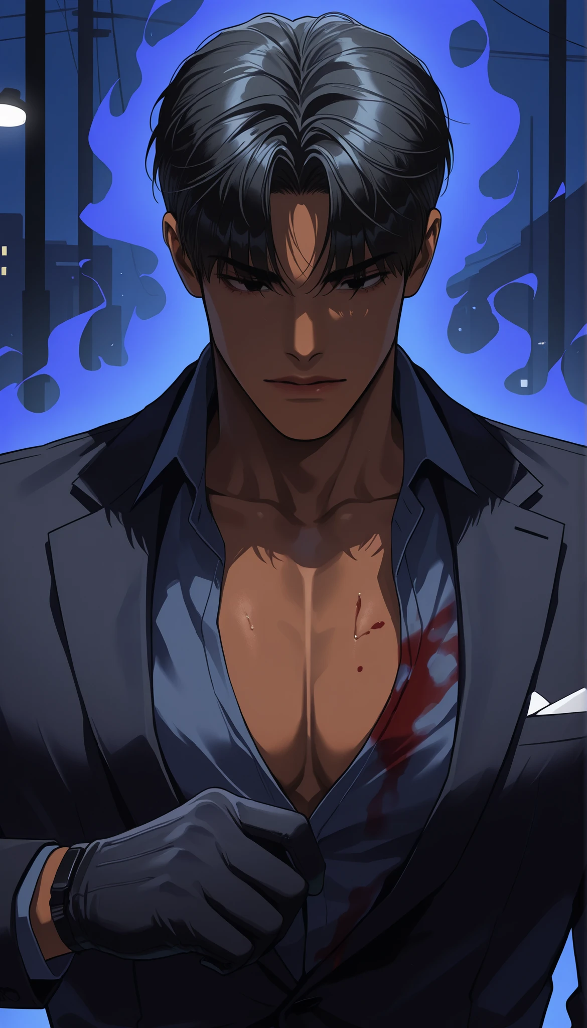 high resolution, masterpiece, best quality, high resolution, character portrait, masterpiece, 1 man, background, black hair, black eyes, handsome, outdoor, illustration, dark skin, gradation eyes, Refreshing, Age in their 20s, fit body, slightly large eyes, (black suit, black gloves), medium shot, upper body, visivle face, detailed face, (not too zoomed in), atheletic build, sharp jawline, (calm and cool aura), cinematic lighting, crisp edges, clean shading, from thighs up, (natural camea angle), (cinematic framing), natural pose, (clean and natural hairstyle), (soft c-curl bangs), (slightly parted fringe), natural volume, (combed hair), (short hair), (toned physique), broad shoulders, defined jawline, ((dark skin, tanned skin)), mafia man, blood on his clothes
