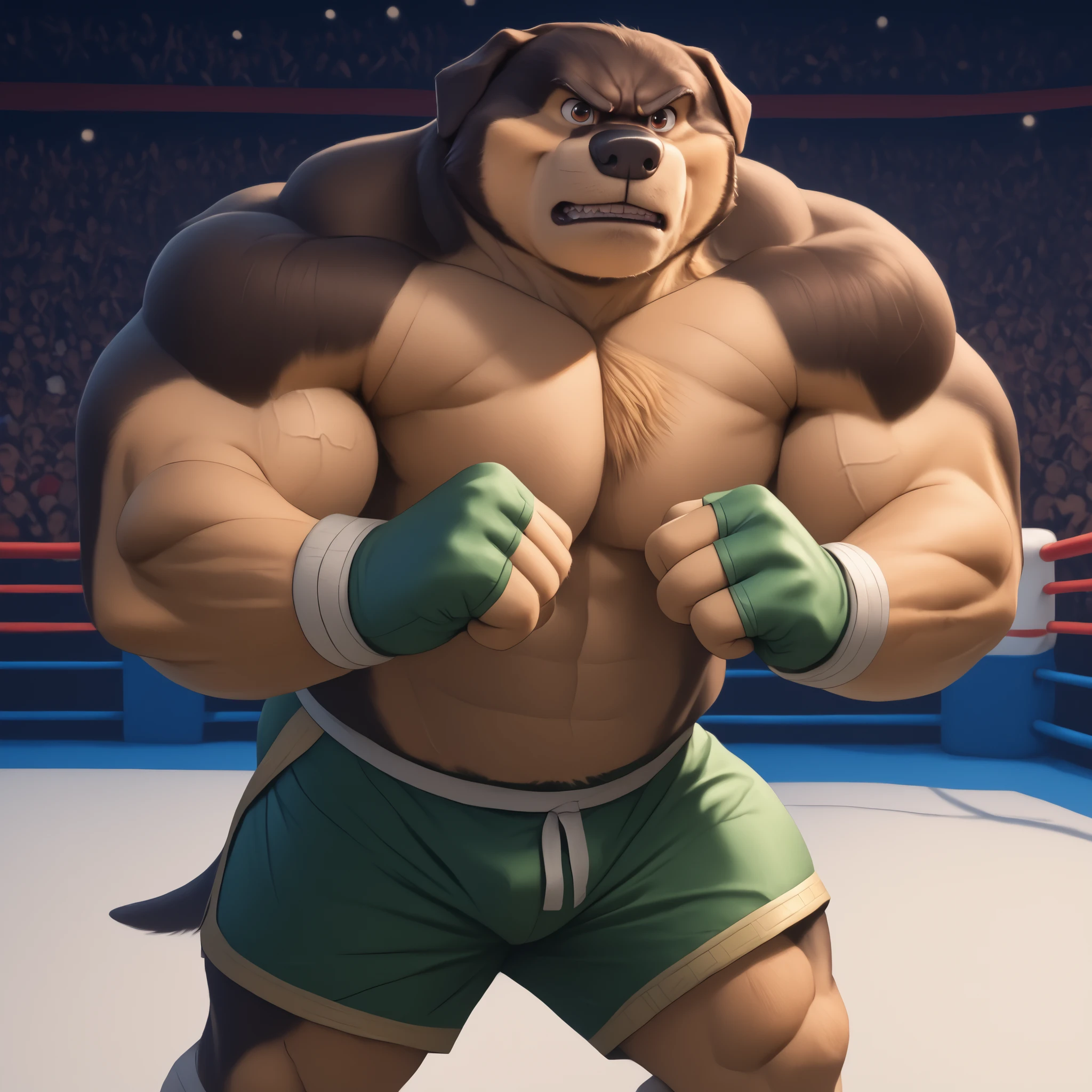 score_9, score_8_up, score_7_up, cartoon_style, ((by BodiPhant0m)), byBodiRDz, 4k, 8k, The best quality, very well drawn, detailed, high quality, detailed, 4k, high resolution, high quality, high resolution, Khampa, detailed, high quality, detailed, 4k, high resolution, high quality, high resolution, furry character, canine, 2d, solo, fighting arena background, rockdog, khampa, style rock dog, movie style, style[rockdog], rockdog, male, Tibetan mastiff, mastiff, dog boy, dog, khampa, Tibetan Mastiff with brown-and-tan fur with tan fur on his muzzle, hands, feet, black nose, brown eyes, middle aged, thick muscular, Height: 6'10", Weight: 358lbs, shirtless, wearing black MMA shorts with green colored slits, MMA fingerless gloves with green knuckle pads, fights,  
