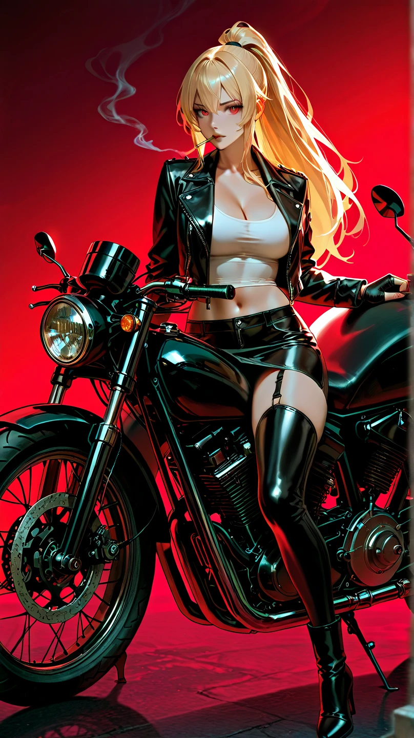 blonde girl with long hair, small breasts, biker, radical girl, sexy posing on a motorcycle, chiaroscuro, sensual, dramatic lighting, moody atmosphere, photorealistic, intricate details, masterpiece, ultra-detailed, high quality, 8k, best quality, realistic, cinematic, dark and brooding, expressionistic, powerful composition, emotional impact, Bill Sienkiewicz inspired art
