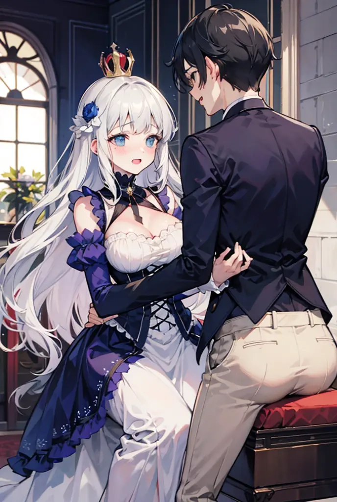 NSFW、A man and a woman having sex on a bed、A man inserting his penis into a woman、Semen is spilling from her crotch、lingerie dress、garter belt、I can see your chest、Silver hair and blue eyes、Long, fluffy wavy hair、Braiding、Men in suits、On a canopy bed
