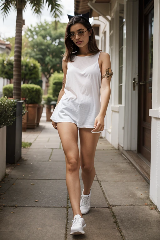 generated a full body of a 21 years old young white woman with dark brown hair, she wear a transparent shirt that we see her medium chest throught, NSFW, Balenciaga sneakers, sunglasses. small shy smile, posing on stairs in the style of bold fashion photography, street view, Instagram post, luxury goods, eye-catching detail, photography of the year