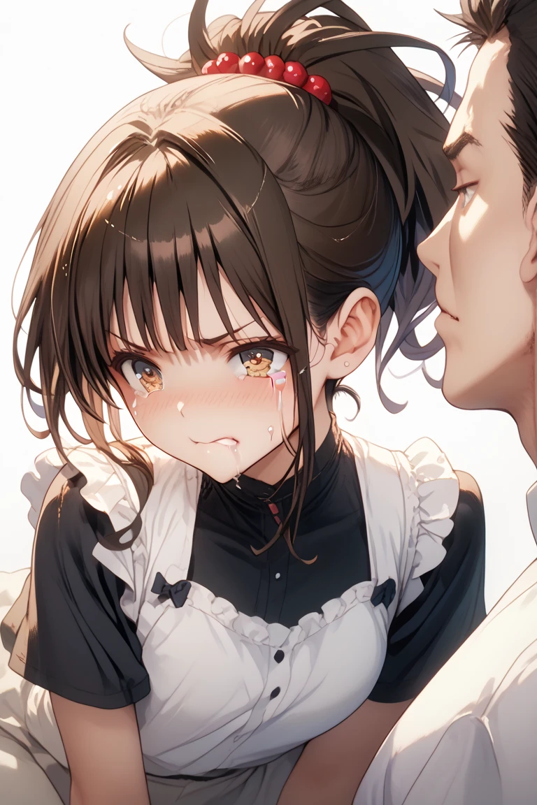 ''(((1boy))), aster nemesis, dark-skinned female, black hair, very long hair, yellow eyes, flat chest , twin tails, looking below, , , tanned body,, ,,,,(((Sweating))),,(spoken heart),(((maid costume))),miniskirt,thighhighs,,mansion,(((fellatio))),,from above,pov
