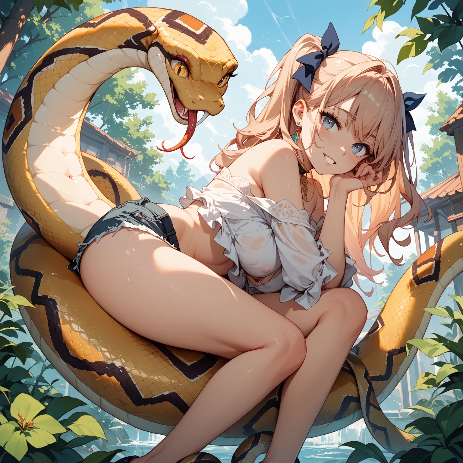 (masterpiece, absurd quality, best quality, official art, beautiful and aesthetic:1.2), cute petit girl, extreme detailed, fractal art, colorful, highest detailed, vivid color, (transform sequence), babyface, cinematic lighting, cowboy shot, looking at viewer, (from below:1.5), landscape, (mucus:1.5), (dirty clothes:1.5), scenery, flower field, serena (pokemon), 1girl, hat, sunglasses, beautiful detailed long hair, blonde hair, beautiful detailed blue eyes, bracelet, beautiful detailed sleeveless shirt, black shirt, red skirt, pleated skirt, black thighhighs, bag, lipstick, eyelashes, extremely detailed face, (perfect legs, perfect hands, perfect anatomy),depth of field, dappled sunlight, beautiful lighting, (interspecies sex:1.5), (solo:1.5), (tentacles dragged into the pond:1.5), many tentacles, (wrapped around legs and arm by tentacles:1.5), (blush:1.5), (shouting:1.5), (rape:1.5), chibi, (sexual penetration by tentacles:1.5), floating hair, detailed skin, small breasts, nsfw, thick clothes, (squirting:1.5), dutch angle, curvy, bangs, (crawling on all fours:1.5), (from back:1.5), bunch of com overflowing from anal, big tentacles giggling anal, anal expanding by tentacles, bunch of com overflowing from anal,