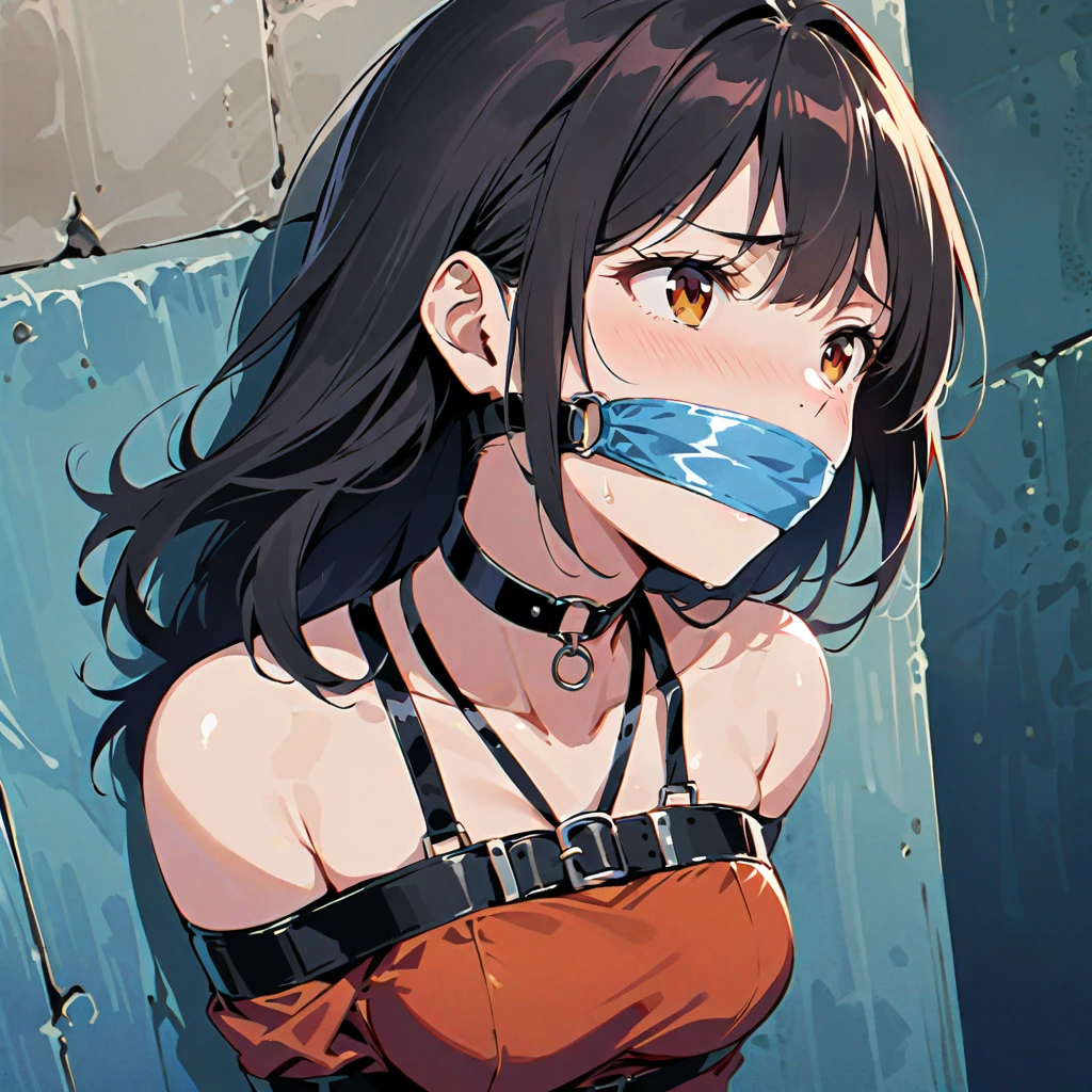 masutepiece, Best Quality, (Very detailed CG Unity 8K wallpaper) (Best Quality), (Best Illustration), (Best Shadows), Miku Nakano, Brown hair, Blue eyes, classroom, Beautiful detailed eyes, looking at viewer,((Blue Cardigan)),((Short green pleated skirt)),((Black pantyhose)),smile,head tilt,finger to mouth,from above, wink,Master piece, (best quality), perfect eyes, bound, bondage, (arms behind back:1.4), bdsm, tape gag, rope, rope bondage, close-up, restrained, standing ,best anatomy,full body,