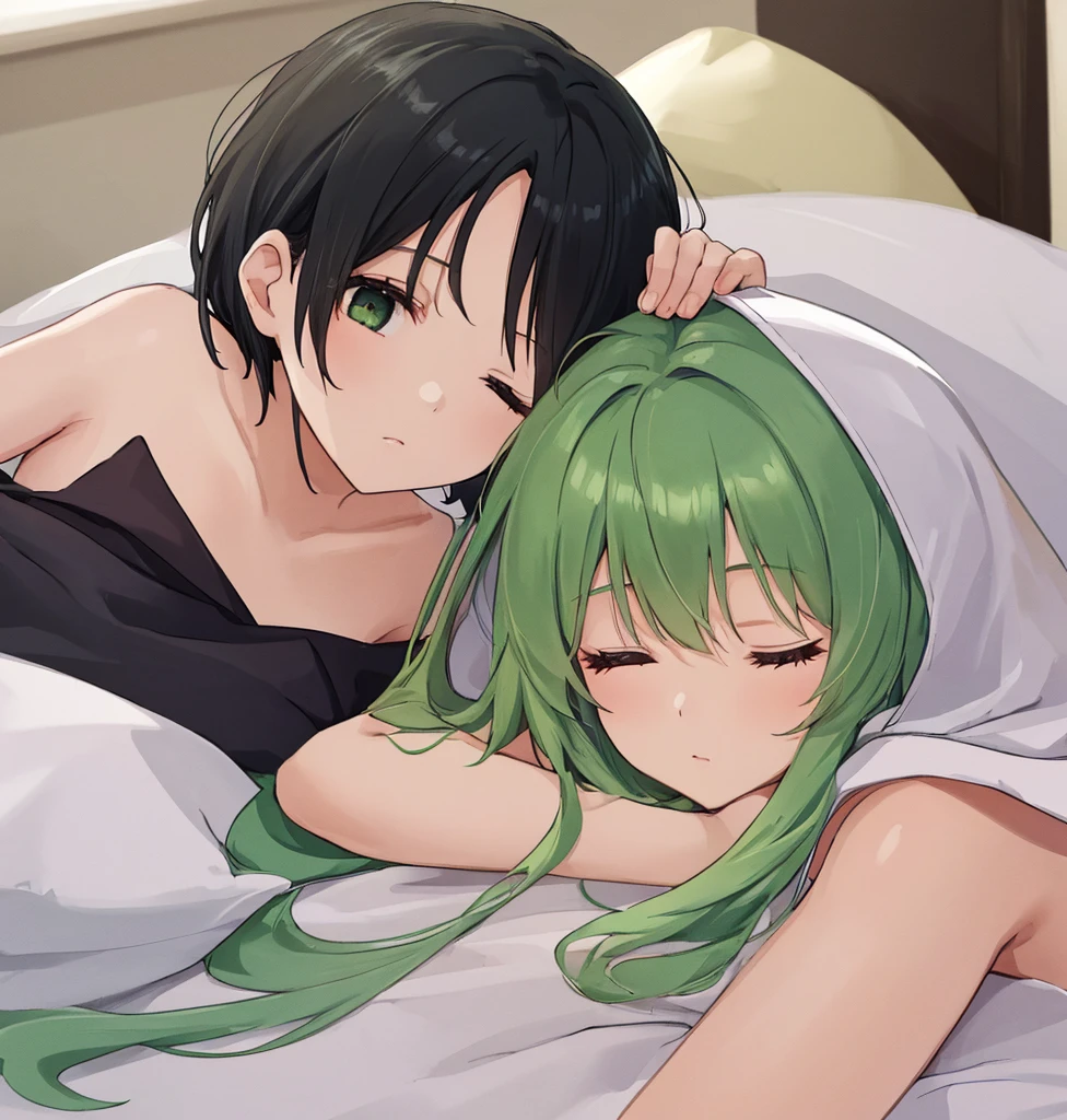 Naked woman with short green hair, short stature and small breasts having lesbian sex with black-haired woman