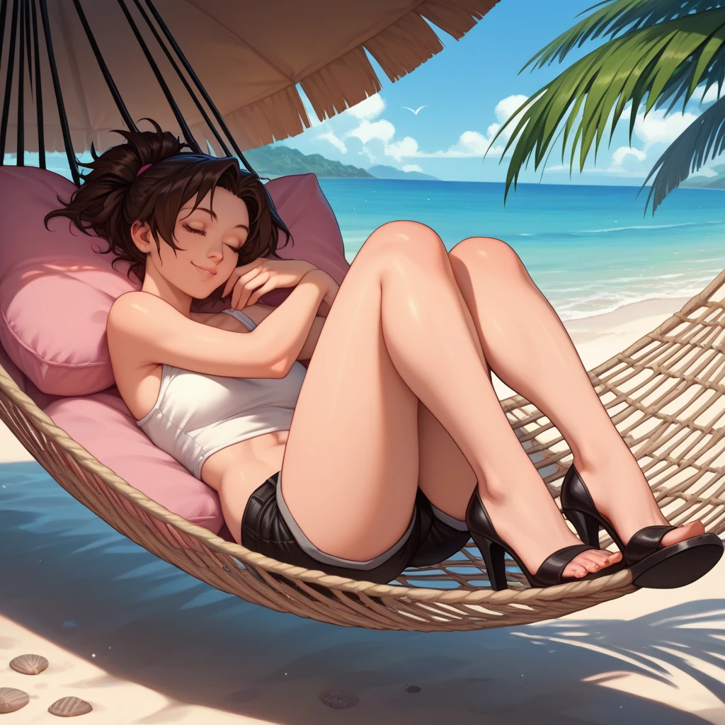 Aerith Gainsborough from final fantasy 7 rebirth, extremely detailed face, ((nude)), lying on beach lounge chair, spread legs, suncream on body, touching herself, side perspective
