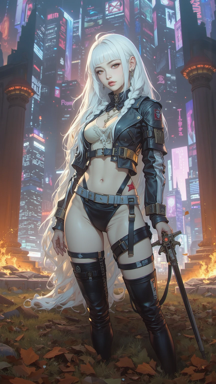cinematic,Arkonidina, red iris, Stunning white hair of a beautiful woman in micro rope bikini standing in a futuristic setting. Beautiful leg with long barrel socks She is in the setting of a mysterious city embraced by a galaxy full of stars, representando a prosperidade. Sua pele de porcelana brilha, radiating ethereal beauty. Her long flowing white hair, pure as freshly fallen snow, caem em cascata pelos ombros e busto, emphasizing your real presence. Overknee boot socks lying on a tree. fantastic eyes,((imagem frente e verso da personagem))fotorrealista