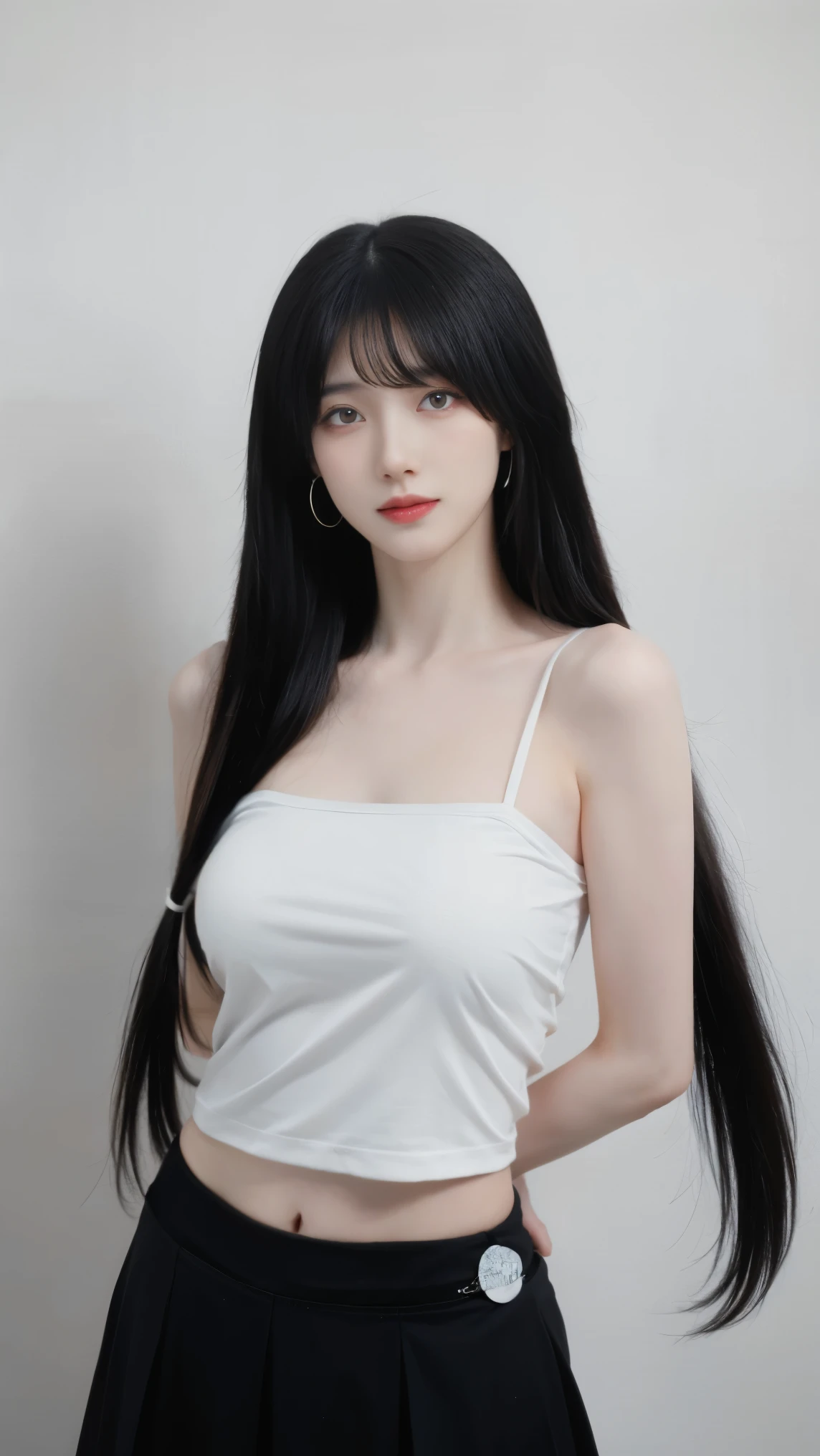best quality, masterpiece,Ultra High Resolution,clear face,(reality:1.4),perfect light,(body shot above), (surreal:1.50), anime wallpaper, Guviz Style Painting , fantasy cover up to magic , by Yang J , Guviz, Stunning Art Illustration, stunning digital artwork, Beautiful digital illustration, Li Song, Beautiful Anime Portrait, Art style in Beauvot , A girl, solo, long hair, (double hair tail:1.3), black hair, tank top, pleated skirt, stand, with two hands behind his back, pale skin,perfect body,shiny skin,Hitman ,Shenhe \(Genshin Impact\),(hair on one eye),long hair, tua rua ,fringe earrings ,( close-up :1.1),(huge :1.3),(with two hands behind his back),white hair,(hair accessories),