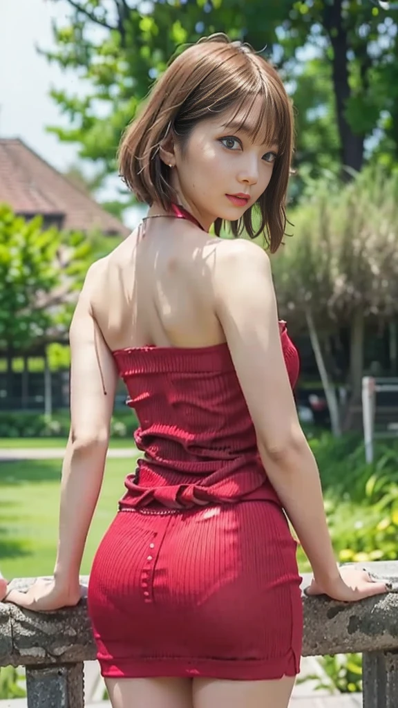 (8K, Masterpiece, RAW photo, Best quality, detail:1.3), (ultra realistic:1.4, scenary, 8K), Depth of field, Cinematic light, (ultra realistic face), (1 solo skinny girl:1.4), (Beautiful and elegant girl), (tight red miniskirt:1.4), (perfec eyes:1.1), (European perfect face:1.5), (full body:1.6), ( miniTop :1.5), (small necklace, collarbone), (ultra detailed skin:1.2), (complete standing pose:1.2), (ultra realistic pale skin:1.3), ( Chignon short hair:1.4), (back profile:1.4), (face looking at viewer:1.5)