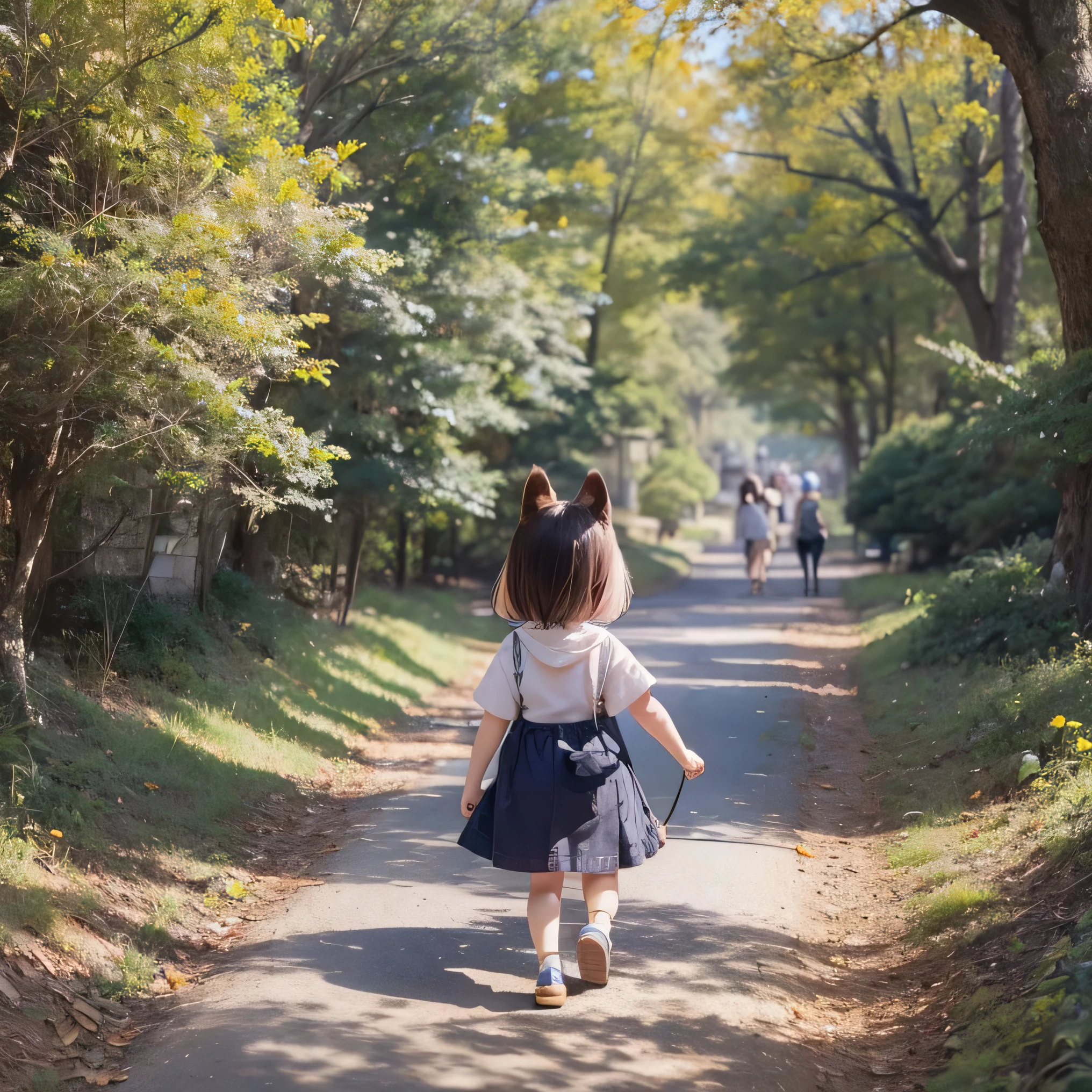 An incredibly charming little girl carrying a backpack, playing with her adorable puppy, enjoying a beautiful spring walk in the park, gorgeous pink flowers and natural landscapes. The illustration is in high definition in 4k resolution, with highly detailed facial features and cartoon-style visuals, (Butterfly Dance)