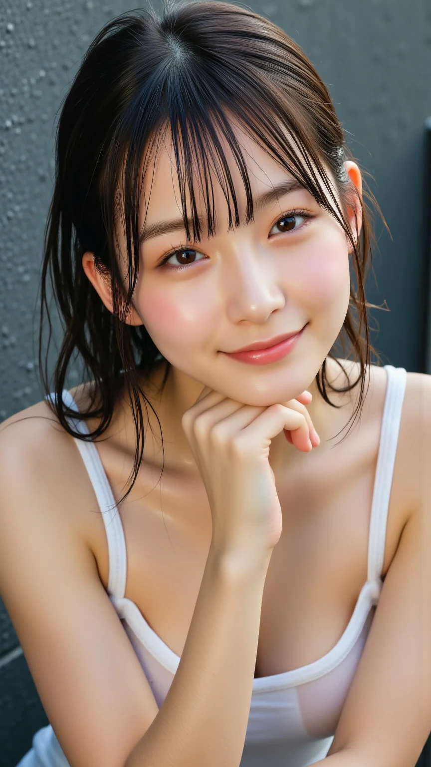 (8k、RAW Photos、Highest quality、masterpiece:1.2)、((Completely naked、pubic hair、Nipples、showerを浴びる:1.4))、((Enlarge your face、Cheekbones are prominent、Pointed jaws、Eyes widen、Black Eyes、slender、Thick lips、smile、Muscular、Flat Chest、Hair tied up:1.3))、(Realistic、Realistic)、1 person、(shower)