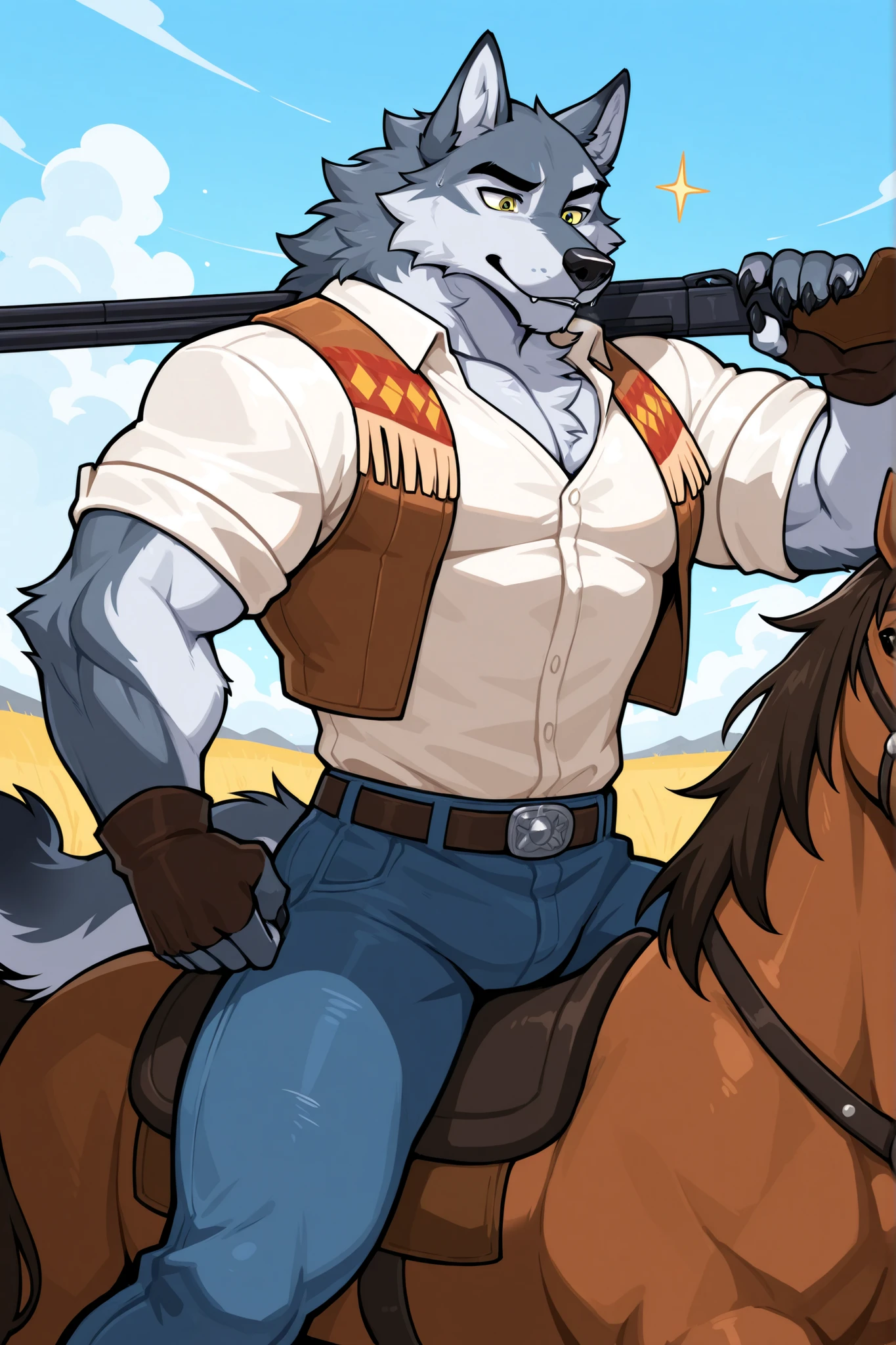 Wolf, a muscular man dressed in a cowboy outfit, riding a horse with a long shotgun.
