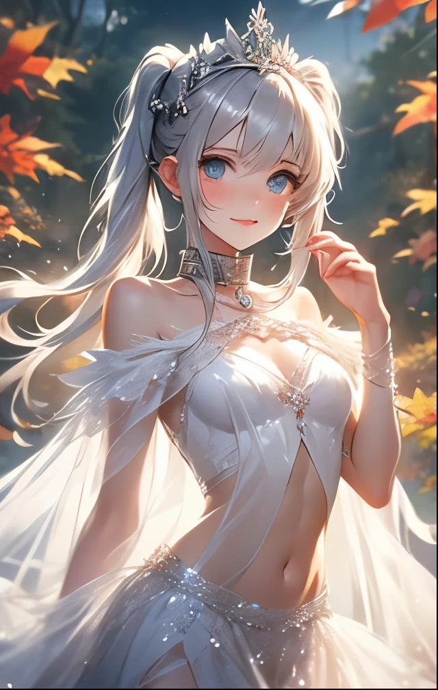 ((masterpiece:1.5、8k、Portraiture、Photorealistic and very detailed CG、Very detailed、Particle Effects、Dynamic Effects、Shallow depth of field、Cinematic Light、Lens flare、Ray Tracing、Tabletop、Realistic、超A high resolution:1.2、))((alone、,Woman wearing an off-the-shoulder fur sweater:1.4、Elegant woman posing、Detailed face、brightexpression、young, bright, Whiter skin、Ample breasts、Best Looks、Ultimate beauty、Shiny silver hair with highlights、bright and shiny hair,、Super long, Silky straight hair、Hair dancing in the wind))(A tree of light stretching to the sky、Shiny leaves fall、Morning Dew、It&#39;s shining brightly)
