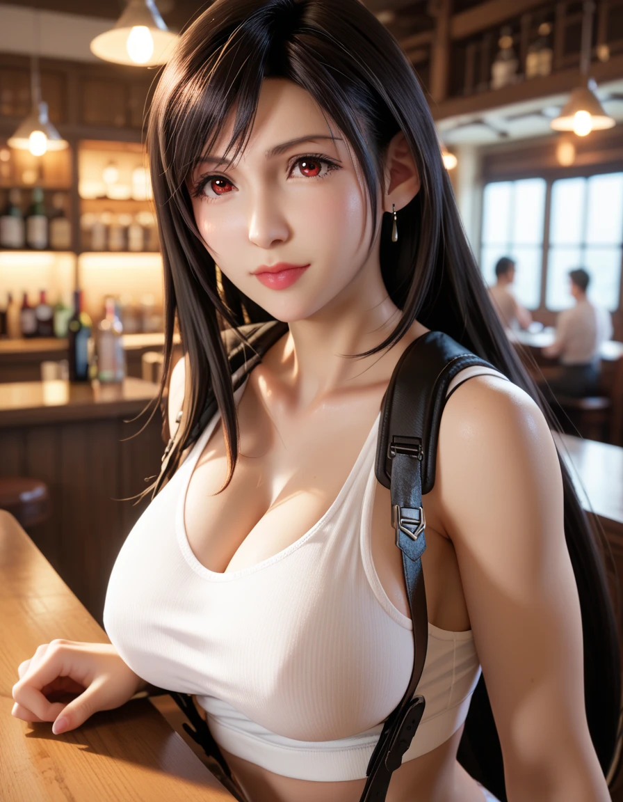 Tifa lockhart, tifa_lockhart,  ff7, sultry face, (white tank top:1.2), black miniskirt, (black long hair), hair bangs (red eyes:1.3) long eyelashes, beautiful red eyes with brightness, surrealism, shadow, stereogram, (photorealistic, realistic: 1.2), POV, atmospheric perspective, cinematic lighting, ray tracing, 8k, super detail, best quality, masterpiece, well detailed, (Canan EOS R6, 135mm, 1/1250s, f/2.8, ISO 400:0.9), cyberpunk, neon, neon signs, ramen shops, (huge breasts:1.5) red gloves --auto --s2