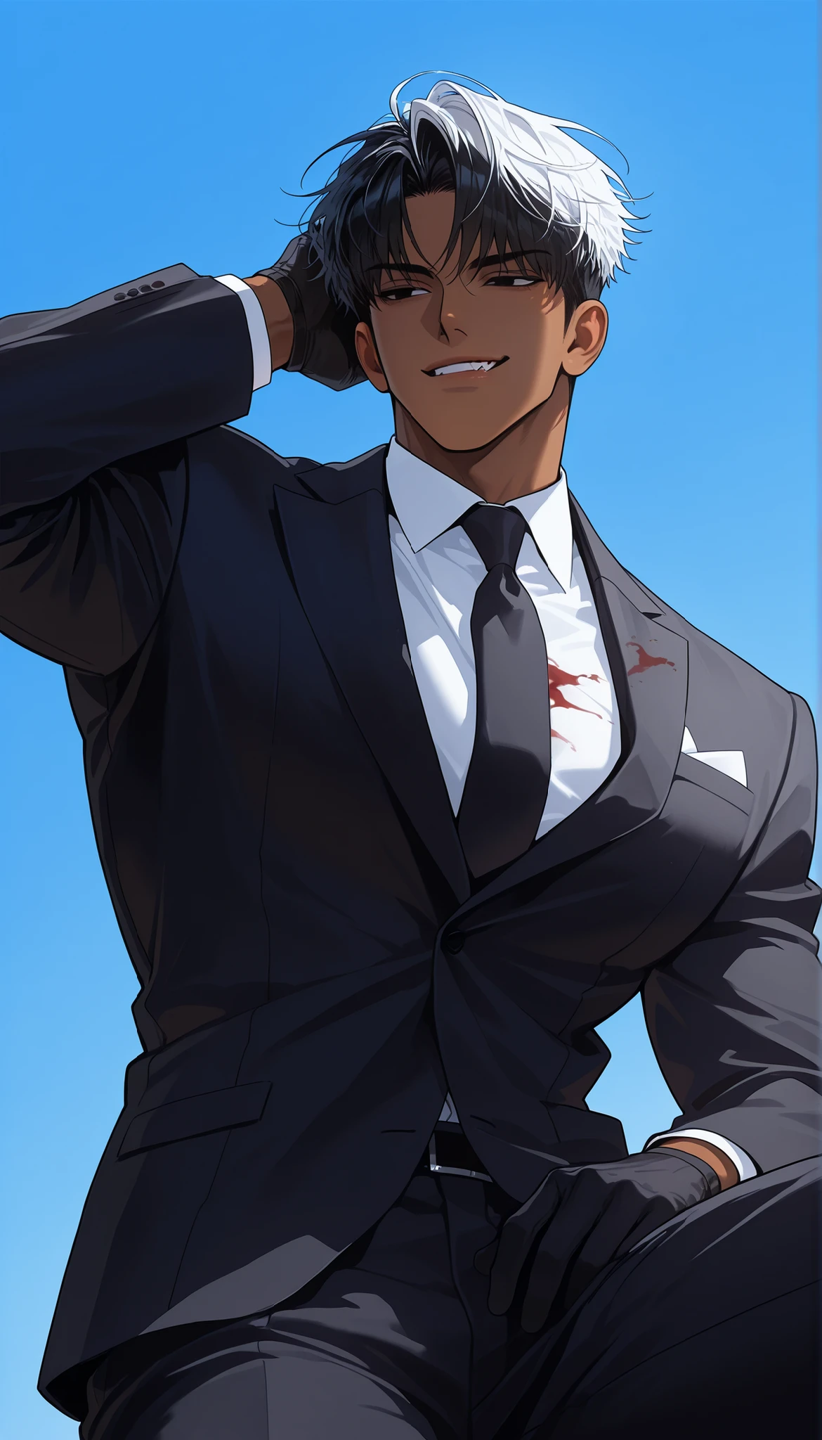 high resolution, masterpiece, best quality, high resolution, character portrait, masterpiece, 1 man, background, black hair, black eyes, handsome, outdoor, illustration, dark skin, gradation eyes, Refreshing, Age in their 20s, fit body, slightly large eyes, (black suit, black gloves), visivle face, detailed face, athletic build, sharp jawline, (calm and cool aura, smirk), cinematic lighting, crisp edges, clean shading, from thighs up, (dynamic angle), (cinematic framing), natural pose, (clean and natural hairstyle), (soft c-curl bangs), (slightly parted fringe), natural volume, (combed hair), (short hair), (toned physique), broad shoulders, defined jawline, ((dark skin, tanned skin)), mafia man, blood on his clothes, (hand through his hair pose)