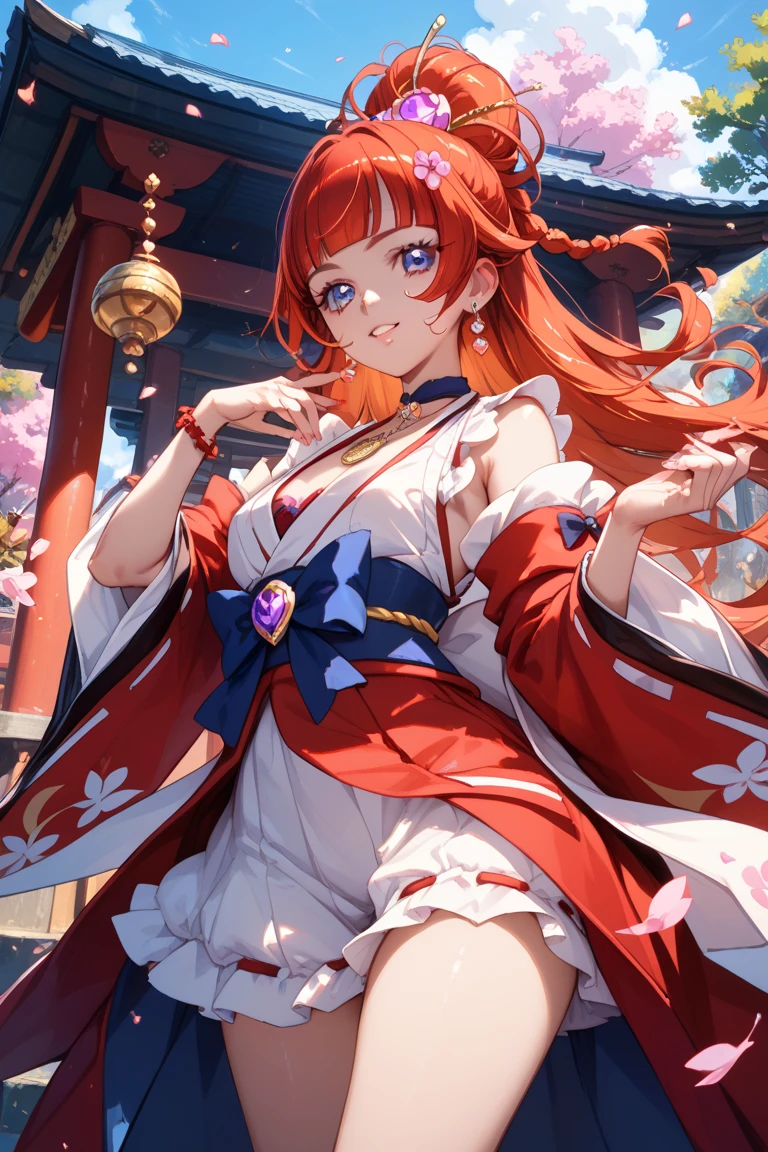 best quality, masterpiece, highres, solo, {white kimono:1.35}, {red hakama:1.35}, {wide sleeves:1.20}, {san_diego_azurlane:1.15}, red_hair, blue_eyes, twintails, long_hair, ahoge, blush, breasts, open_mouth, bangs, smile, hair_ornament, necktie, large_breasts, cleavage