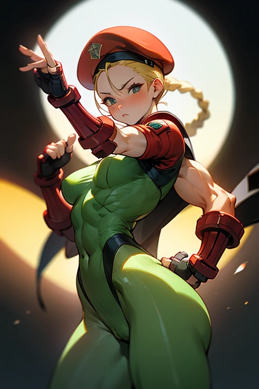(masterpiece), best quality, expressive eyes, perfect face, highres, 1girl, solo, cammy white, twin braids, long hair, blonde hair, antenna hair, (red headwear:1.3), blue eyes, scar on cheek, large breasts, green leotard, sleeveless, red gloves, fingerless gloves, camouflage, hands to hips, slight smiles, fantastic, magical background, standing, cowboy shot, looking at the viewer,