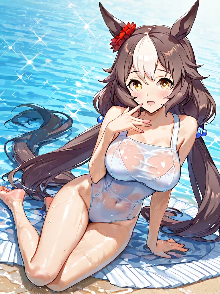 (((masterpiece))), ((highest quality)), (Very detailed), ((High resolution)), ((8k)), (Anatomically correct), (The correct number of fingers), One Woman, Big Breasts, Chestnut Hair, Bun hair, Long Hair, Twin tails, Very cute woman, delicate, Charming smile, Blue eyes, Bright Eyes, Best moment, Vivid eyes, cute, Beautiful Skin, cute顔, delicateな腕, Detailed skin texture, Intricate details, Very detailedな顔, Beautiful Eyes, Thighs, Waistline, Pool at night, (bikini), Sweat, Shiny swimwear, Beautiful legs, Looking up, Sit on the ground, Stretch your legs, blush, An inviting gaze, Provocative Gaze,
