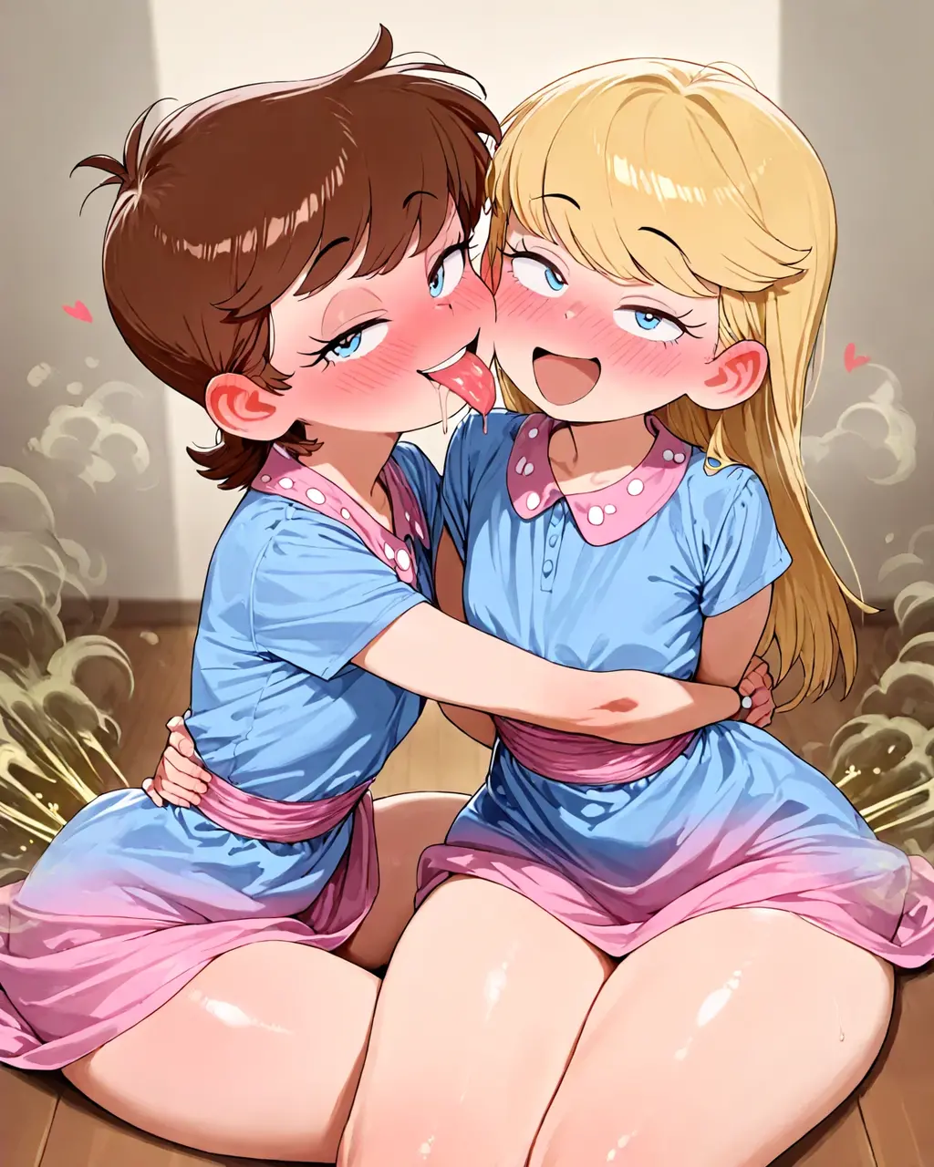 Browsing Caution,(Petite),(Crossdresser),((Penis in the crotch)),(((((Handjob))))),(Two blonde women with low pigtails),lips,Sweat,White Breath,Ecstasy face,Naughty sound effects,(ejaculation)