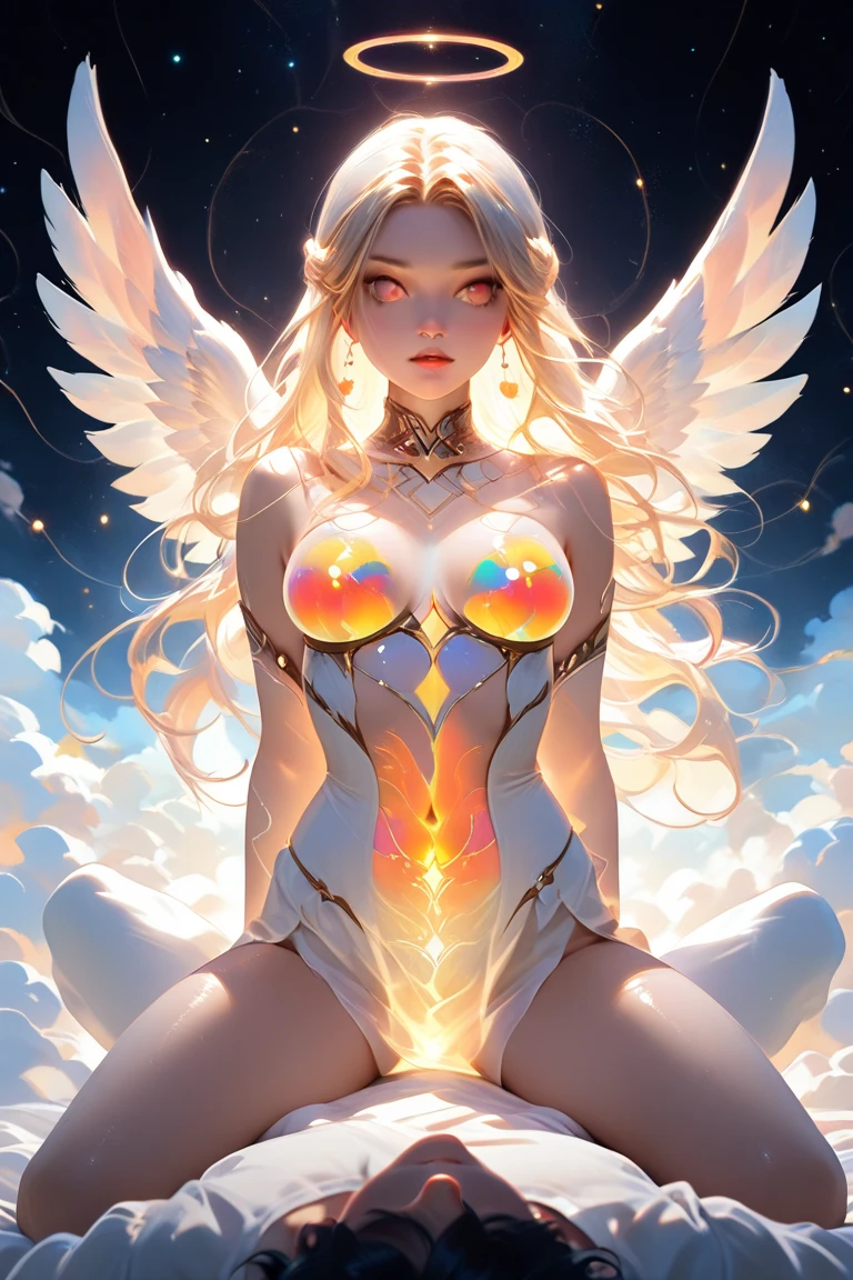 ?, swirling vortexes, a white and red and azure angel, grace, dignified, integrity, holiness, brave heart, neon gradation lighting, professional art work, ultra quality, associate graphic illustration, hyper real, ultra fine detailed skin, ultra quality, cinematic still, 16k, conceptual contrast, natural lighting,