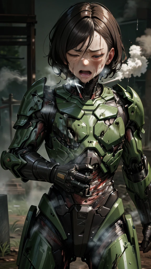 , Advanced Details, high quality, 最high quality, High resolution, 1080P 、Bleeding from the wound、Sexy Eyes、Wearing green and black、cute((The whole body is sweating))(Equipped with a damaged battle suit....)(Dark green armor)(Broken Armor)Black Hair、Chiquita、short hair、Open your mouth、Painful expression、It hurts again、Healthy Skin、20-year-old female defeat (Steam coming out of the face) ((Steam from the body)) Unable to fight Severe attacks ((Head gear is broken. )) flying debris bare hands Armor Stripping Gas mask explodes