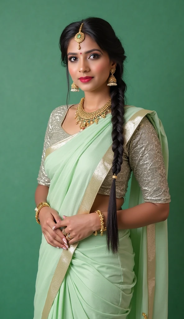 most beautiful Tamil girl nude realistic natural body natural long hair realistic environment original human anatomy perfect body shape Very long thick braid hair style