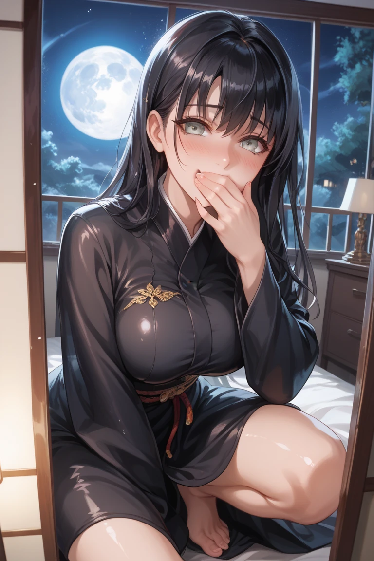 8k , A black-haired princess in a super shiny, see-through, long-sleeved Chinese dress spreads her legs wide、She is crying while having diarrhea after receiving a strong enema in her anus. Filth Scatter feces on the futon