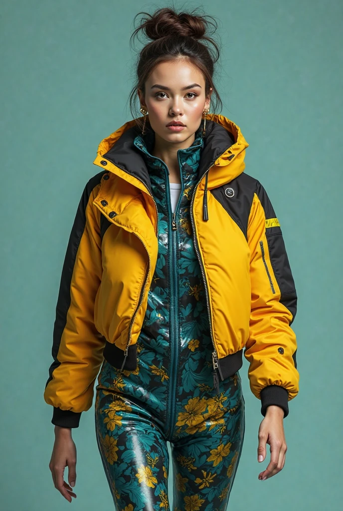 full body image, (ultra detailed,ultra high resolution,detailed background),((2d)),((flat color)),((dull color)), 1solo leaving the fog:1.5, looking at the viewer, baggy flight suit, oversized bomber jacket with sheepskin collar, (yellow, violet, cian, green, orange:1.3), plush collar, full body image, use VR glasses, ((Baron&#39;s Desert Intricut Fund)), ((apocalyptic city)), full body in frame, ((drone next to her))