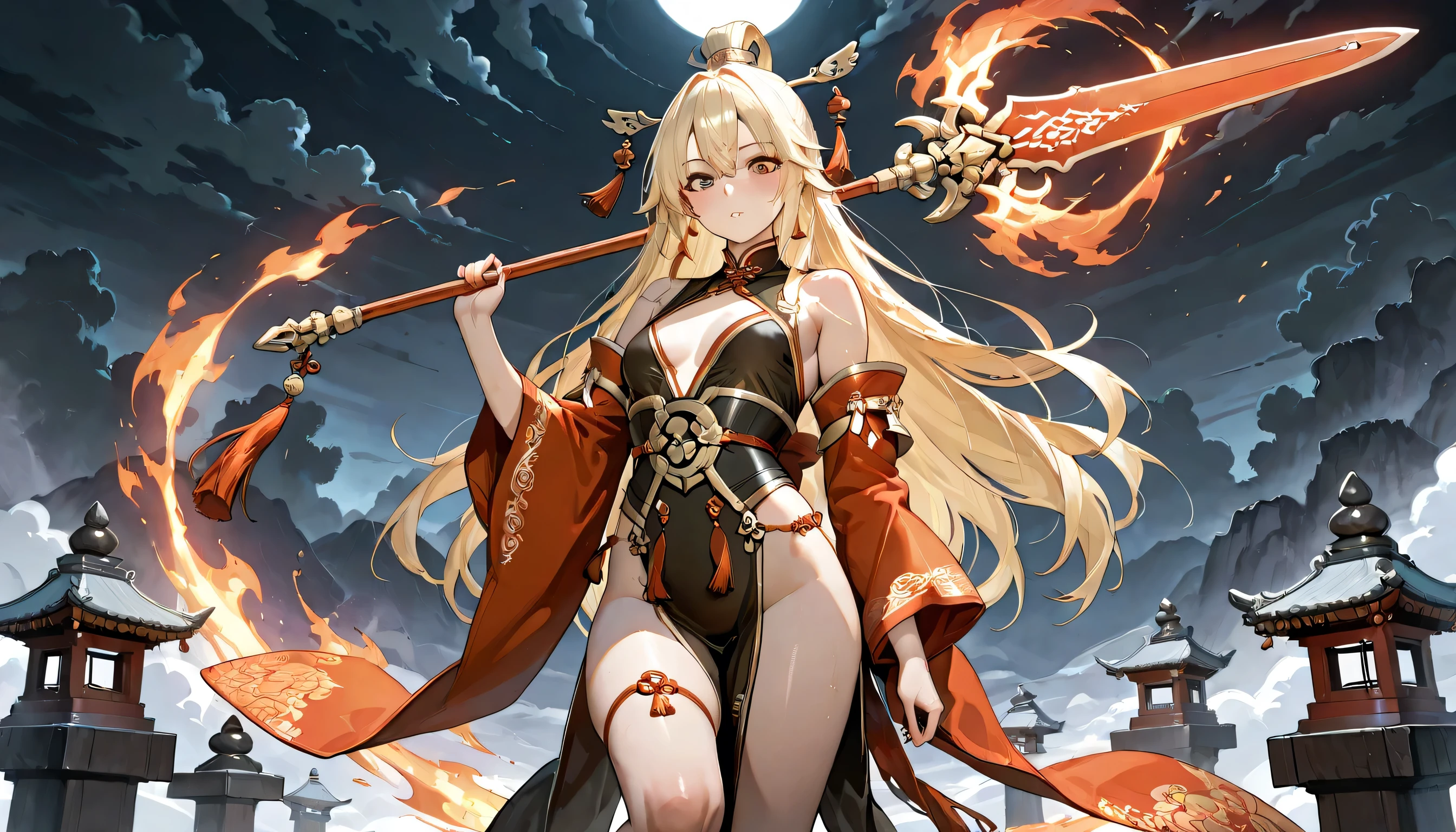 A mature, seductive, and powerful female warrior inspired by ancient Chinese mythology, around 16-18 years old. Her presence is both fierce and irresistible, with a sultry expression and an aura of dangerous allure. Her eyes burn with fiery intensity, exuding both power and mystery. She wears luxurious, form-fitting Chinese armor, made of red and gold, with intricate details that highlight her curvaceous silhouette. The armor is ornate, with delicate golden dragon patterns on the shoulders and chest, but designed to be revealing, showing more of her graceful, toned body. The flowing red silk sleeves flutter around her arms, exposing her bare, flawless skin beneath, adding to her seductive charm. medium chest, Her long hair, styled in a traditional elegant topknot with ribbons, cascades down her back in silky waves, framing her face and accentuating her beauty. She grips a blazing spear in one hand, while her other hand controls a magical red cloth (Huntian Ling) that swirls around her like an ethereal flame, wrapping around her figure in a spiral of fiery energy. The cloth dances like a fiery serpent, creating an illusion of a dragon wrapping around her body, adding a sense of sensual yet dangerous movement. She stands confidently on cracked, scorched earth, her posture seductive yet commanding. Her body is poised as though she is about to unleash a devastating strike, one leg slightly bent, hips tilted in a way that accentuates her feminine grace. The background is filled with ancient Chinese elements, like dark clouds, misty mountains, and swirling fire, creating a mythical and dramatic atmosphere. The scene blends both beauty and strength, combining sensuality with the raw power of a legendary warrior.