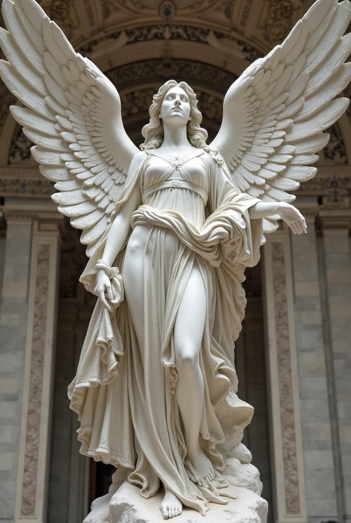 Cinematic 8K hyper-realistic, angel marble statue, clouds background, Greek mythology, colossal, illuminated by a soft light, ultra detailed, is characterized by its extraordinary physical attributes and awe-inspiring presence.