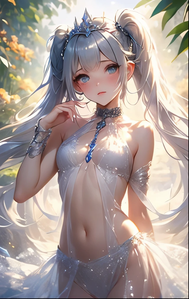 masuter piece,dynamic view,shiny plastic doll body, Crying face,girl in the treasure chest, Slender big,Put out the nipples,Silvery hair,Wet skin,Light pink see-through shoulder tank top,clear vinyl mini skirt,sitting on, Beautiful legs,In the deep sea,depth of fields,