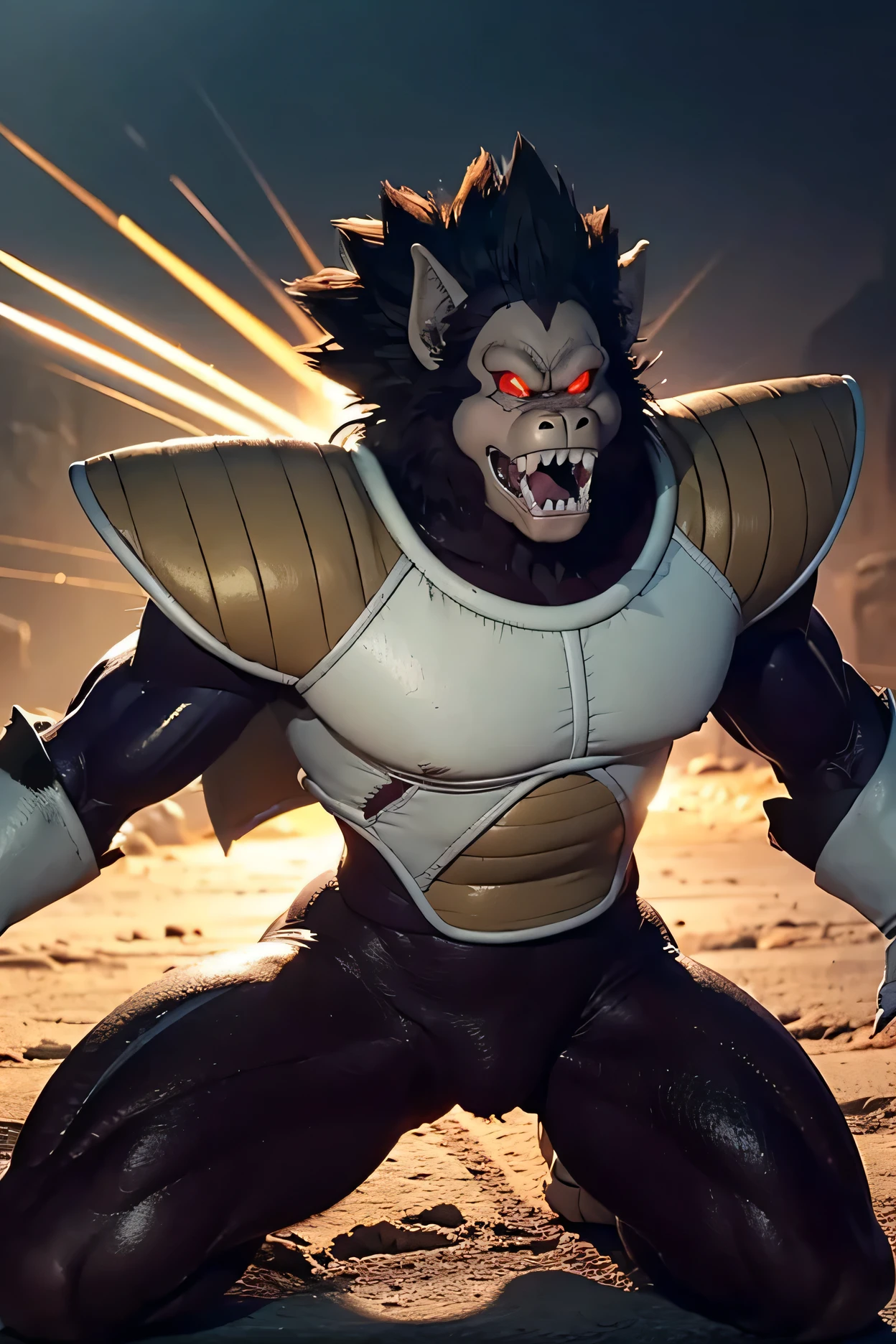 oozaru, macro, gorilla, brown head, prick ears, monkey tail, bent legs, looking down, bara, barazoku, long muzzle, teeth, fangs, landscape dwarfing, smile, fist, day, sunlight, red eyes, glowing eyes, big eyes, no pupils, no sclera, blue underwear, sunlight, summer, desert, (hyper pecs:1.70), (bulge:1.25), wearing underwear