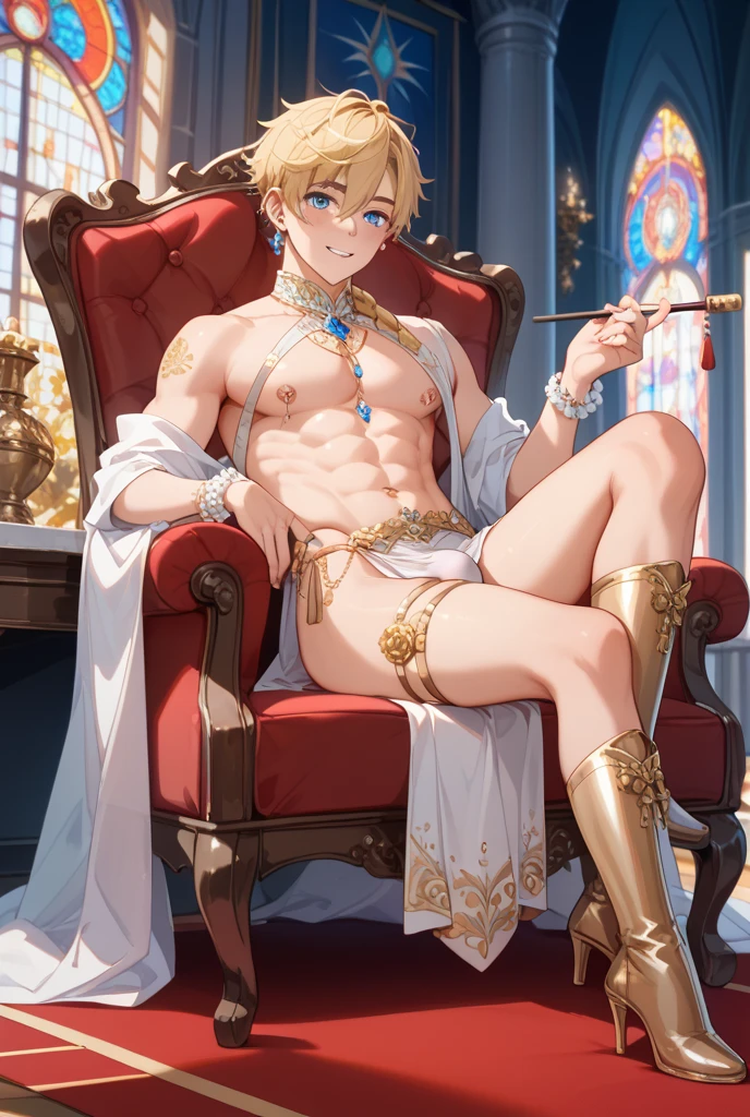 Best quality, masterpiece, firm chest, flat chested, (detailed nipples), detailed skin texture, detailed naked texture, detailed face, super detail, 8k, intricate detail, 1girl, , high contrast, high resolution eyes, blonde, regal crown sitting on iron throne