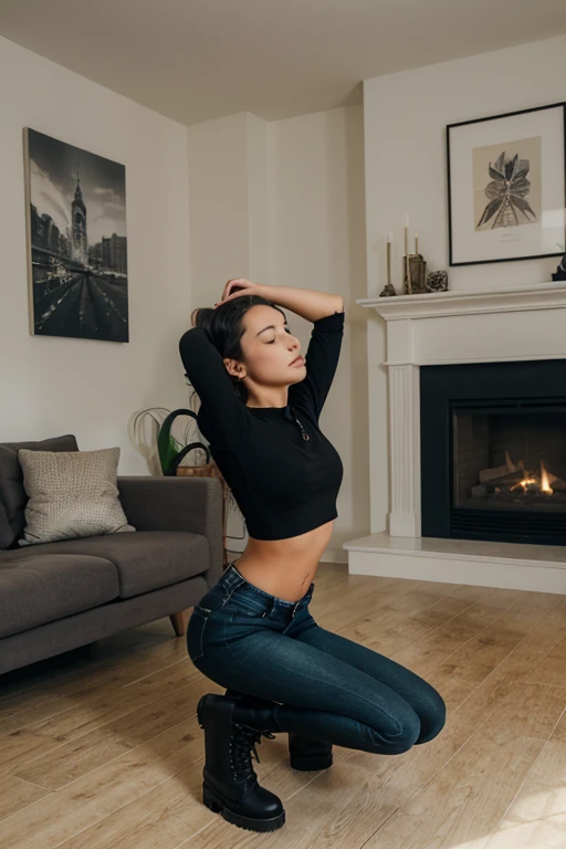 realistic young brunette taking a yoga pose downward-facing dog pose in her living room