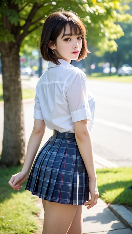 8K, 超A high resolution, Best Quality, masutepiece、超A high resolution、top-quality、 (quite massive chest、cleavage of the breast、sit on the ground with your knees wide bent、open your legs quite wide to the sides:1.2)(hi-school girl、White cutter shirt、Micro Mini Plaid Pleated Mini Skirt、T back:1.3)、(Sit on the ground of the tree-lined avenue of Omotesando:1.2)、(a japanese girl、Black hair short bob、Big dark eyes、long lashes、shinny skin、T-back panties are visible:1.3)Black loafers