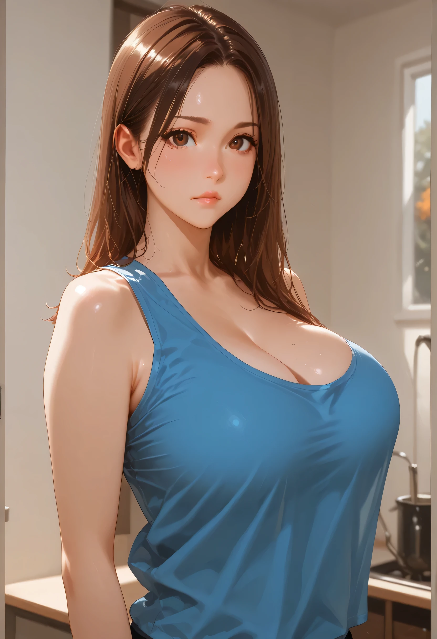 perfect face, feminine, brown hair, brown eyes, blue tank top, ((large breasts))