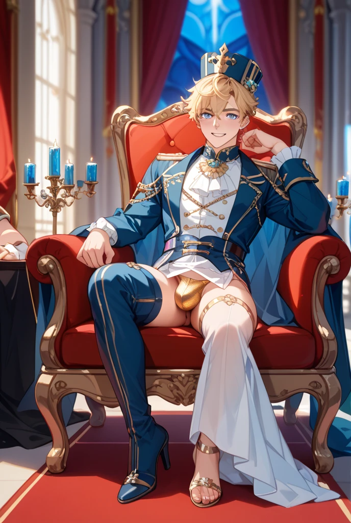 Highest quality、Sexy Baby Lizardman、Skimpy、Pink eyes without highlights、Lizard head、Shota、maleの子、male、Sweat、Embarrassing、Gay、Royal Hotel、cute、Knee-high socks、frilled choker、Obscene language、Showing tongue、toplesagazine cover style illustration、bow tie、salute、military cap、Get a tip、Belly button style military uniform、navy、Light blue thong panties、Transparent fabric、Lie down on the bed、Peeing、Sticky white mucus pours down from above