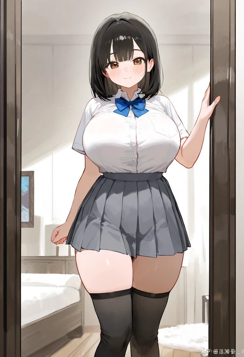 Little short chubby girl 17 years old, with lush brown hair, abnormally huge giant appetizing rounded natural breasts; Always without underwear; in a high school uniform (white cotton shirt, black skirt, pantyhouse, tie, Shoes); Big shiny brown eyes, Funny look, long eyelashes; Wide carefree cheerful smile; Anatomical realism, high quality textures, higly detailed