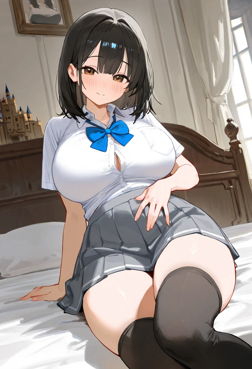 Realistic, masutepiece, Best Quality, Perfect Anatomy, (Detailed eyes), One High School Girl, Navy Blue Uniform, huge-breasted, Sweat, Ponytail, earrings, pelvis curtain, (wide hips), Shy smile, embarrassed, standing split, Leg up,Leg Lift,Standing on one leg, skirt by the, sexy panties, Exposed panties, crass room, Biting string panties, low angles, side-tie panty, Skindentation, From below