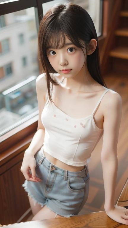Teenage Girl, (Flat chest like:1.2), ((Skinny body:1.2)), Wavy Hair, Pink cotton shorts and tank top, Anatomically correct, Striped knee socks,