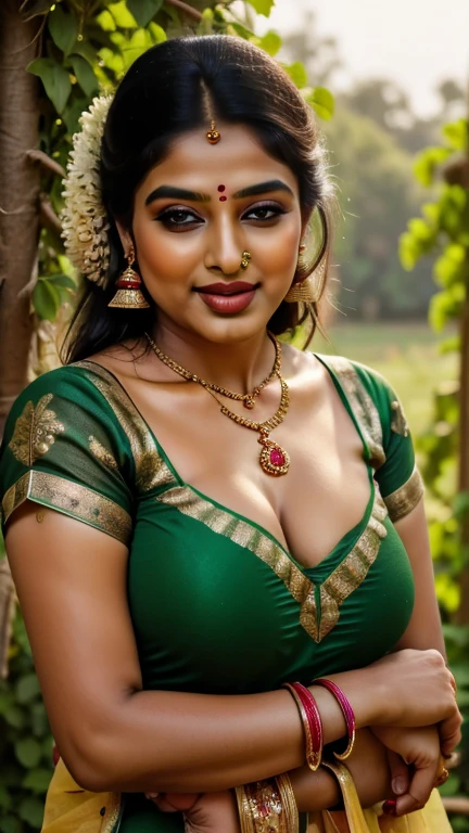 Looks like Anushka Shetty, stunning Beauty, wearing traditional stanapatta a strapless bra made of one piece of cotton cloth, thick figure, fleshy body, curvy, bulky figure, heavy physique, full figured woman, low waist saree, bold saree look, a close up of a woman in a colorful dress with a flower in her hair, extremely gorgeous woman, matchless beauty, queen, very beautiful enga style, with colourful intricate, candid shot, traditional beauty, candid picture, orange details, wearing intricate, candid portrait photo, with kerala motifs, wearing an elegant tribal outfit, orange and turquoise, orange and teal color, * colour splash *, traditional, stunning visual, highly detailed armpits, provocative beauty, attractive, captivating, goddess of lust and desire, sizzling, skin pores, 