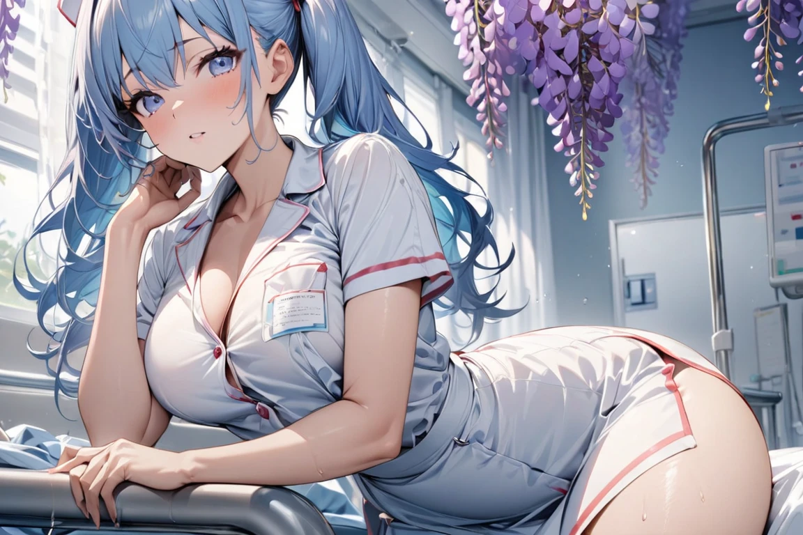 (masterpiece, best quality:1.5), (ultra detailed, high resolution, 8k, beautiful detailed, UHD, best anatomy), 1 cool girl, pale blue hair, medium breasts, nurse, nurse cap, breast pocket, collared dress, short dress, short sleeves, thighs, white dress, white headwear, hospital room