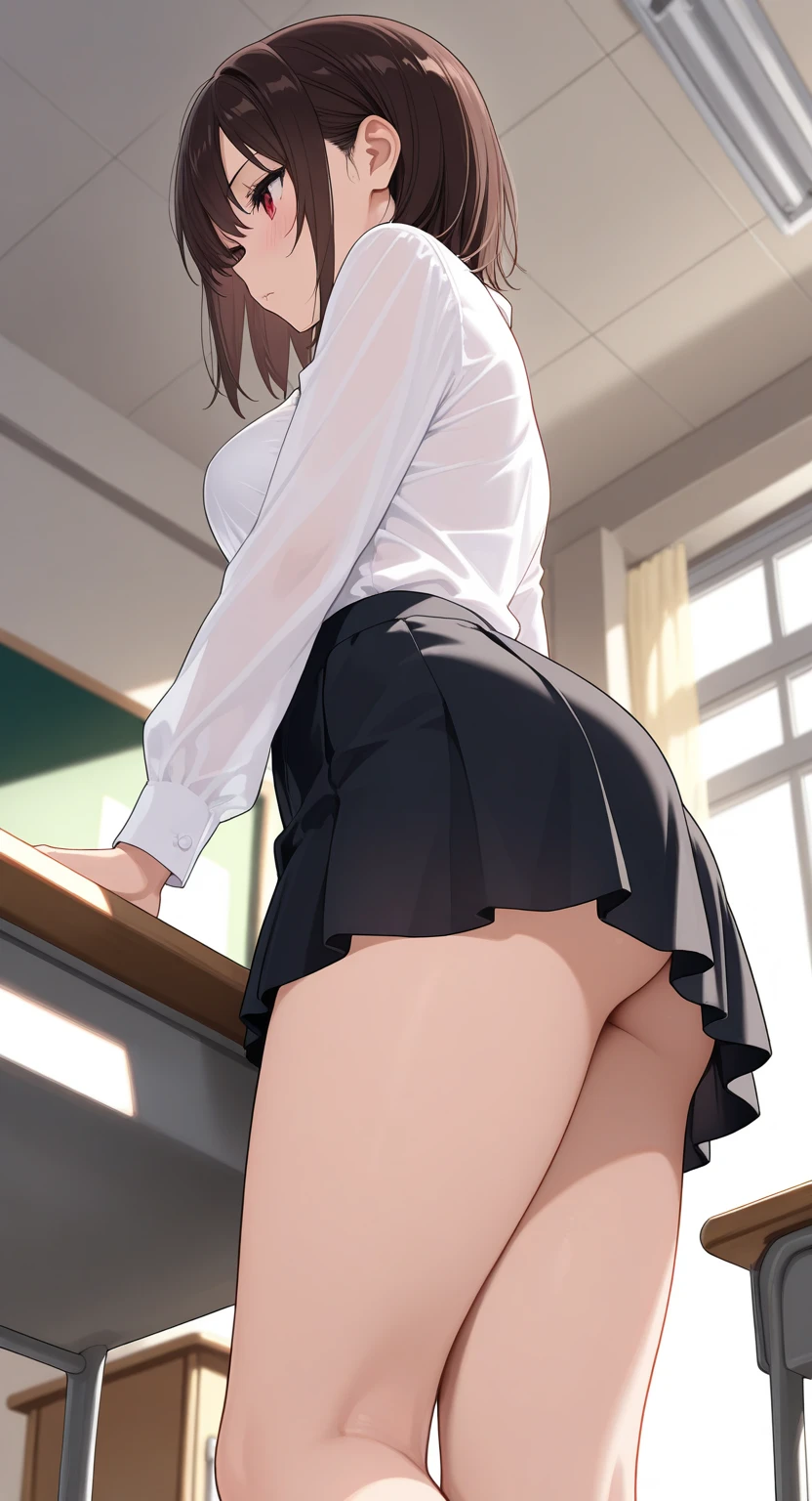 (Official art、Best Quality、Unity 8k Wallpapers、32K、masterpiece、ultra-detailliert、超A high resolution、realisitic、Photorealsitic:1.2)、(Cinematic lighting:1.2)、Fireglow effect、film grains、Best Shadows、Rim lighting、side lights、(Ultra-detailed and complex 3D rendering)、(From below:1.4)、Sharp pupils、Realistic pupils、cowboy shot, Highly detailed background、beauitful face、blurry backround、a beauty girl、(super detailed skin、detailed skin textures:1.3)、from behind、a sailor suit、Dark blue pleated skirt、thighs thighs thighs thighs、white sock、(Stretch your back、Toe stand:1.3)、(Write on the chalkboard、Have chalk、The skirt is rolled up:1.2)、White panties are visible、Flustered expression、Teary-eyed、Embarrassed look