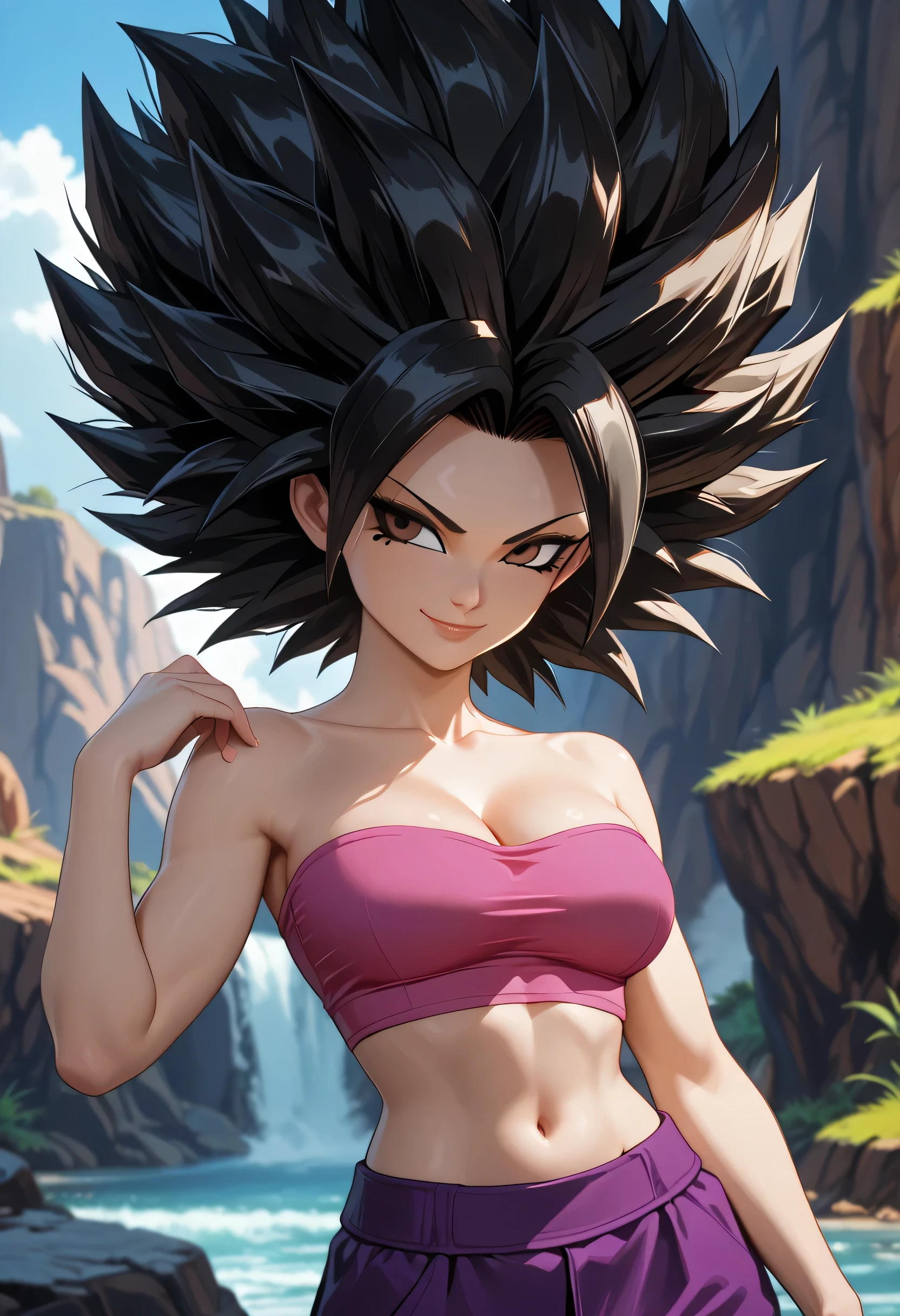 (caulifla), black hair, spiked hair, big hair, black thin eyebrows, brown eyes, black eyeliners, lips, closed smile, collarbone, cleavage, bra shoulders, (pink tube top), navel, midriff, standing, purple pants