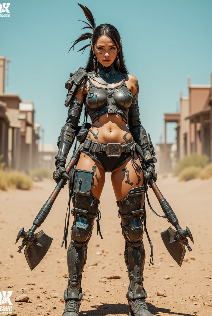 Um Dodge Viper grunge e todp armado no estilo Mad Max, behind a beautiful blonde warrior with red lipstick and armed with a pistol, on the other side a warrior like a character from Mad Max and holding a gun and in the background buildings of a post-apocalyptic city with destroyed buildings and burning at sunset
