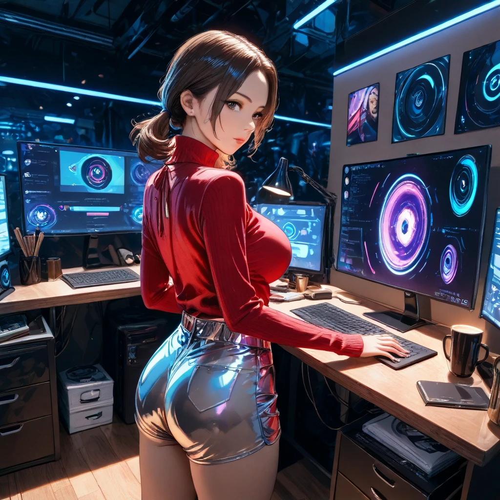 ((Best Quality)), ((Masterpiece)), (Very Detailed:1.3), 3D, Beautiful (Cyberpunk:1.3) Female hacker, bushy hair, operating computer terminals, computer servers, LCD screens, fiber optic cables, corporate logos, HDR (High Dynamic Range), ray tracing, NVIDIA RTX, Super Resolution, Unreal 5, Subsurface scattering, PBR textures, post-processing, anisotropic filtering, depth of field, maximum sharpness and sharpness, multi-layer textures, albedo and highlight maps, Surface shading, accurate simulation of light-material interactions, perfect proportions, octane rendering, two-tone lighting, low ISO, white balance, rule of thirds, wide aperture, 8K RAW, high efficiency sub-pixels, subpixel convolution, luminous particles, navel
