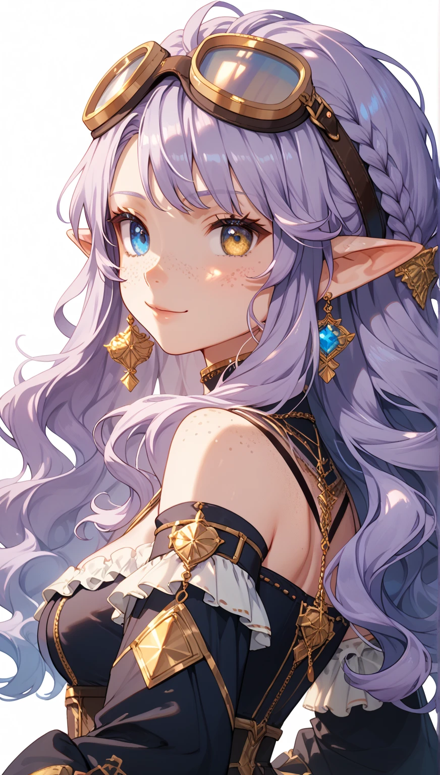 ((Best quality, masterpiece, 4k, best anatomy)), cute girl, (violet hair), ((very long curly hair)), perfect face, (yellow eyes), ((naked)), ((flat chest)), ((21 years old)), skindentation, extreme detail, attractive angular face, red lips, pink nipples, glossy skin, detailed hair, face focus, close-up chest, ornamental gold necklace, gold earrings, ((1 girl)), embarrassed expression, elf ears, innocent smile, ((slender)), anime girl