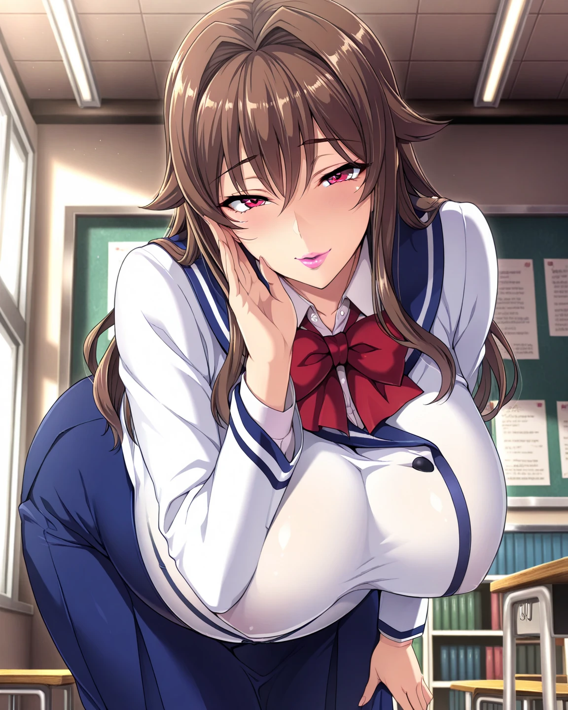 17-year-old girl, uniform, missionary sex on desk, into pussy, overflowing semen, brown hair, purple eyes, orgasm face