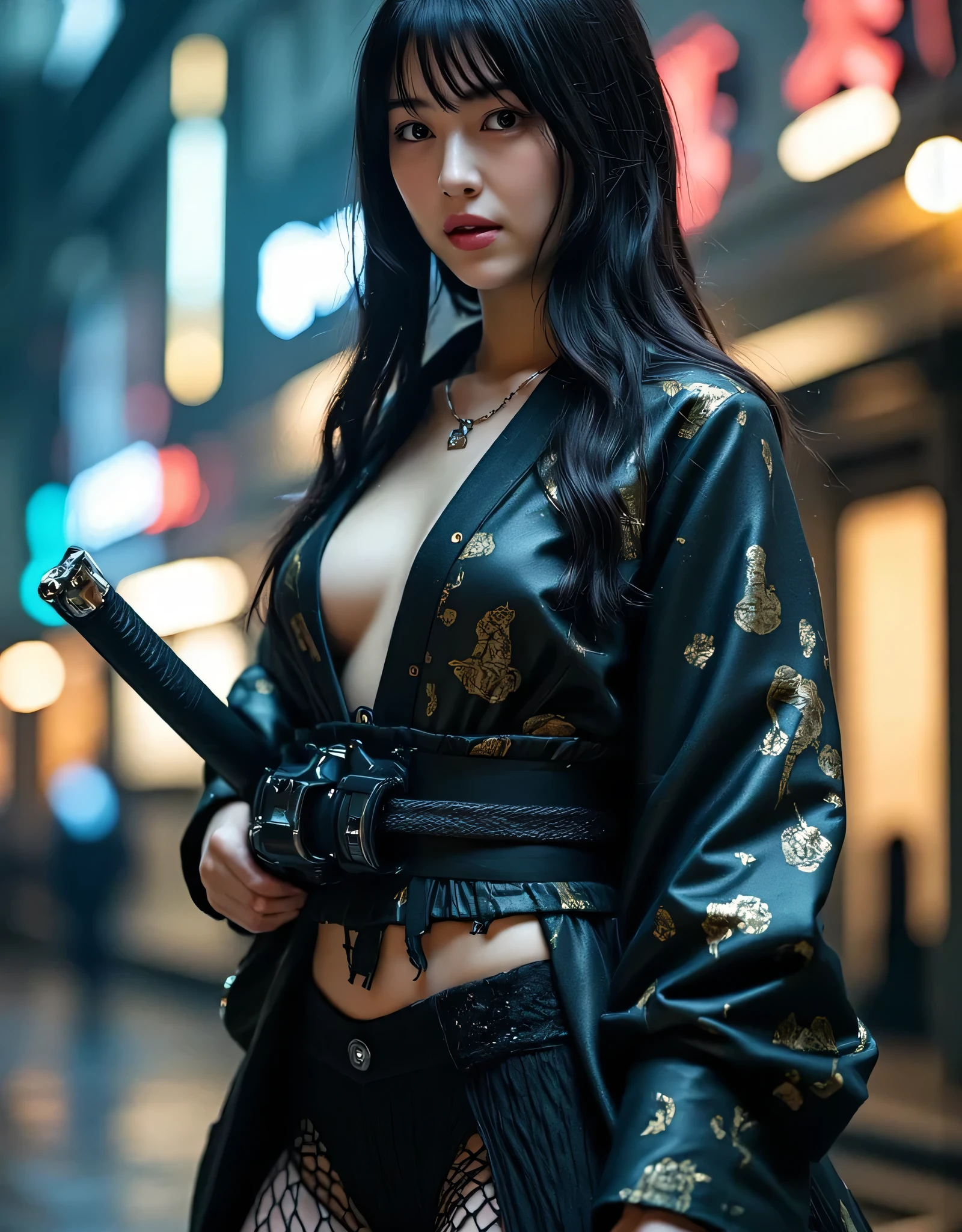 Obra-prima, A gorgeous sexy hot 23-year-old cyberpunk geisha with flowing flowing hair, wearing sunglasses, jewelry and bracelets (fotorrealista:fotorealista, obra-prima 8k), kimono curt preto e roxo curto com detalhes de flores em neon brilhante, sitting under a trunk of a futuristic tree (scientific fiction) with a bright full moon behind (hiperrealista:realista detalhes intrincados), sorrindo: sensual features, (Texture and environment well detailed pure perfect lighting).