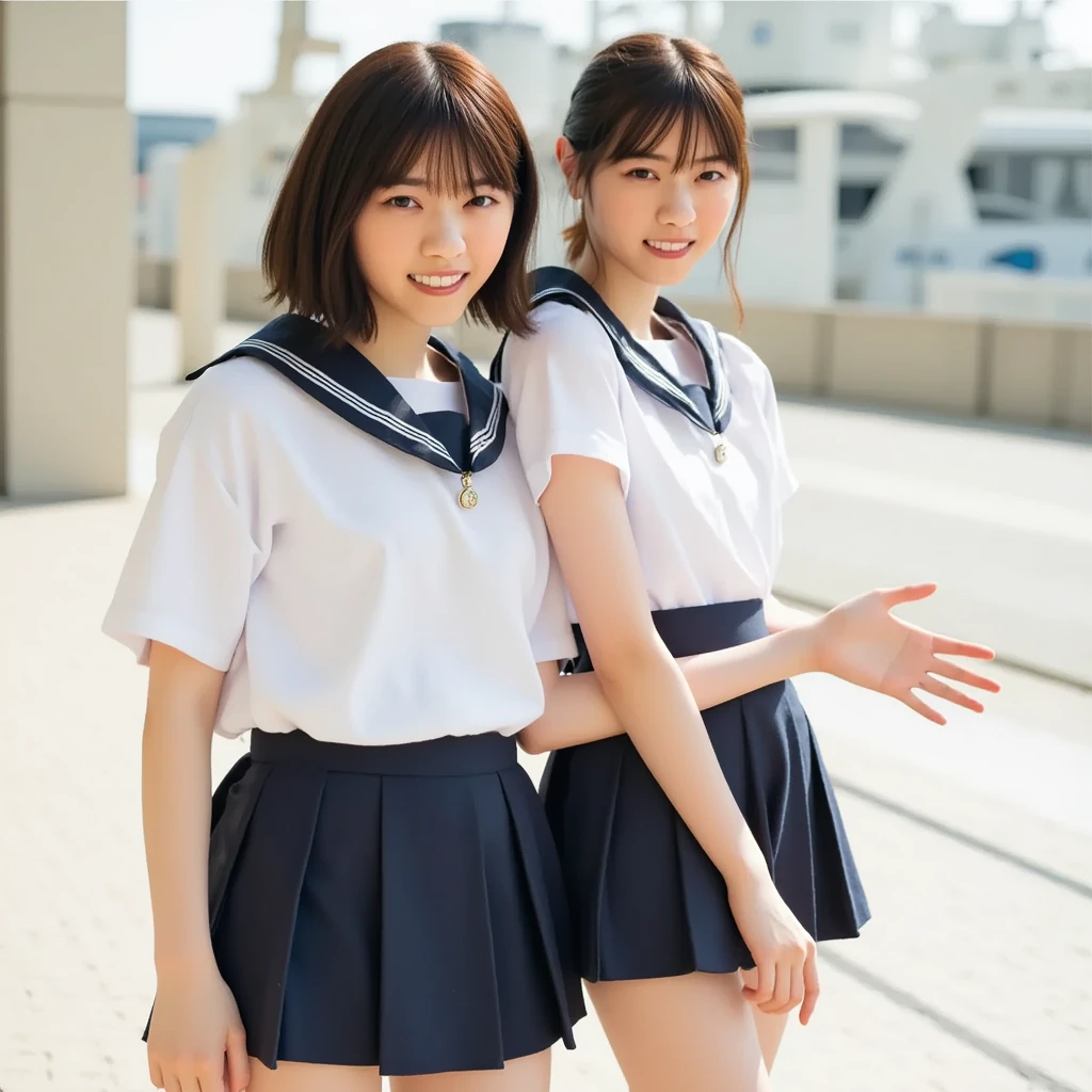 2 girls in school yard,short-sleeved white sailor leotard with navy blue frill,18-year-old,bangs,a little smile,thighs,knees,short hair and pigtails with barrete,from below,front light